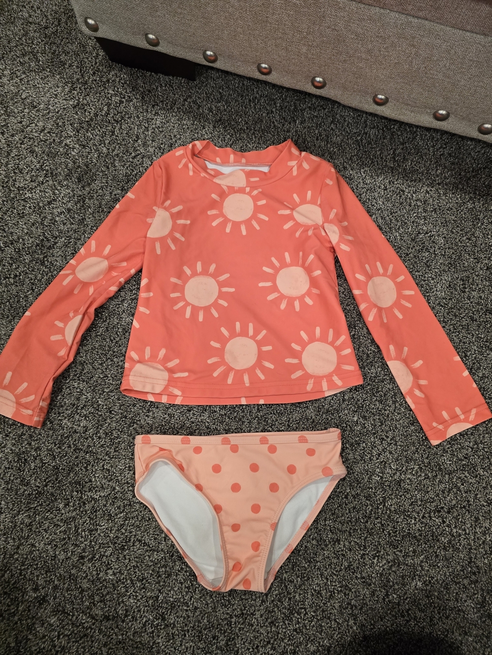 Carter's Coral Sun-Print Long Sleeve Rashguard with Polka Dot Bikini Bottoms
